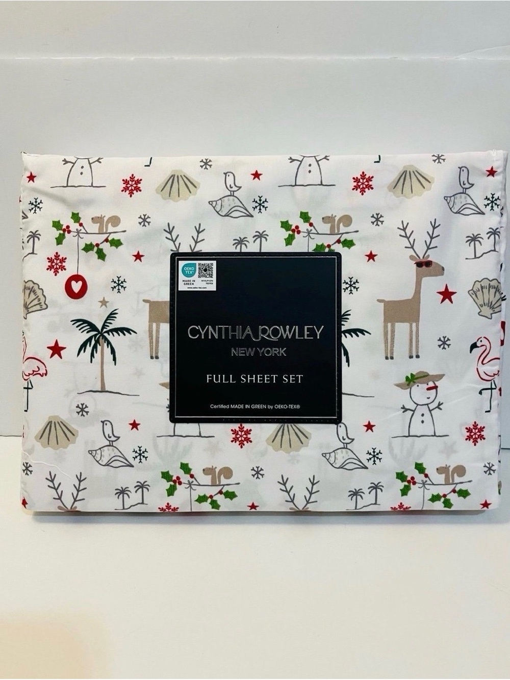Cynthia Rowley Christmas Beach Full Size Sheet Set Palm Tree Seashell Flamingo